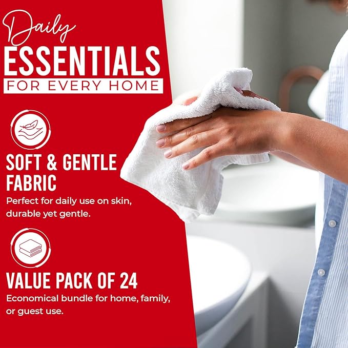 DAN RIVER 24 Pack Wash Cloths for Showering [12x12] - 100% Cotton Washcloths Premium Quality Flannel Face Cloths for Bathroom, Highly Absorbent and Soft Feel Wash Clothes, Red
