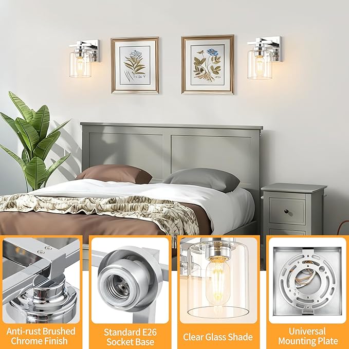 1 Light Modern Bathroom Light Fixtures Over Mirror, Chrome Vanity Lights for Bathroom Wall Sconces with Clear Glass Shades, E26 Socket (Bulbs Not Included)