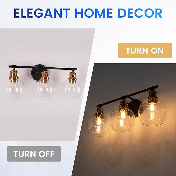 3 Light Bathroom Vanity Light, Black and Gold Bathroom Light Fixtures, Sconces Wall Lighting with Seeded Glass Shade, Modern Brushed Gold Vanity Lights for Bathroom, Bedroom, Hallway