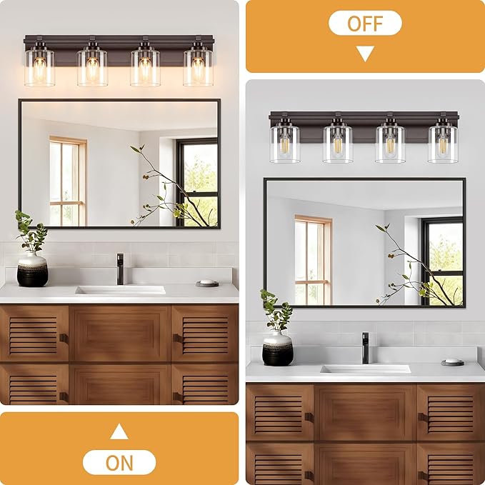 4 Light Modern Bathroom Light Fixtures Over Mirror, Bronze Finish Vanity Lights for Bathroom Wall Sconces with Clear Glass Shades, E26 Socket (Bulbs Not Included)
