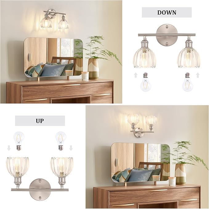 Bathroom Light Fixtures, 2-Light Vanity Wall Light Over Mirror with Clear Tulip Glass Shade for Bedroom Living Room (Bulb Not Included), Satin Nickel