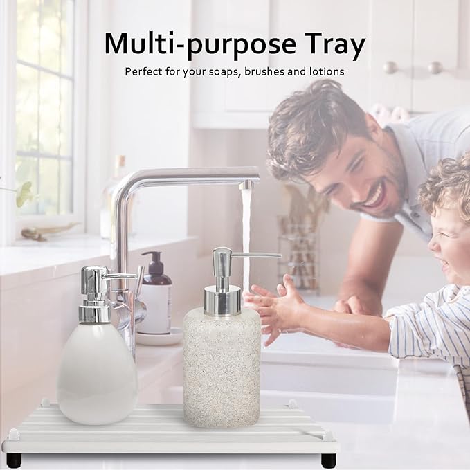 2 PCS Water Absorbing Stone Trays for Bathroom Counter, Fast-Drying Faucet Mat for Kitchen Sink, Diatomite Sink Caddy, Hand Soap Holder with Anti-Skid Feet (11" x 4.7" White)