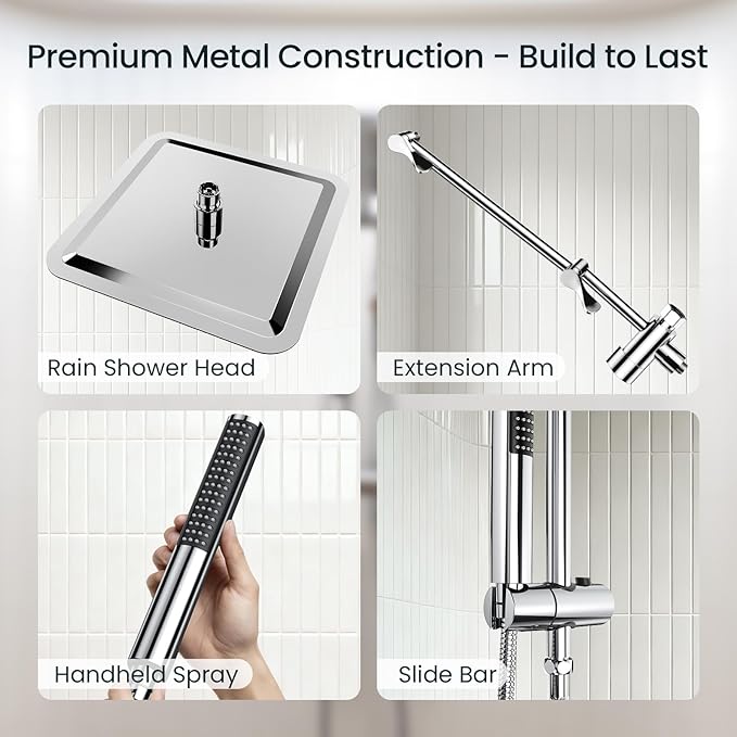 Veken 10" Luxurious All Metal Rain Shower Head with Handheld, High Pressure Rainfall Shower Heads wih Extension Arm, Wide Dual Showerhead with Spray Combo, Bathroom Accessories, Chrome, Silver