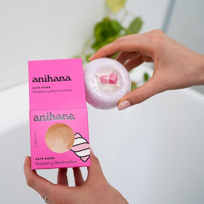 ANIHANA Bath Bomb with Coconut Oil, Paraben Free, Hand-Crafted Luxury Fizzers, Refreshing Raspberry Marshmellow Scent, 6.3 oz