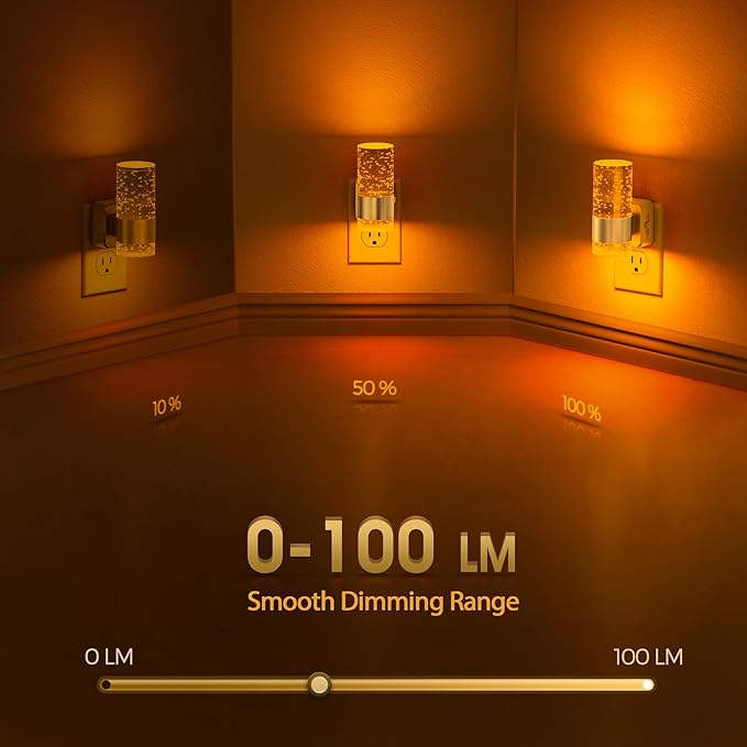 Briignite Night Light, 2 Pack Dimmable Night Lights Plug into Wall, LED Night Light with 0-100 LM Adjustable Brightness, Automatic Night Lights with Dusk to Dawn Sensor, for Bathroom Hallway