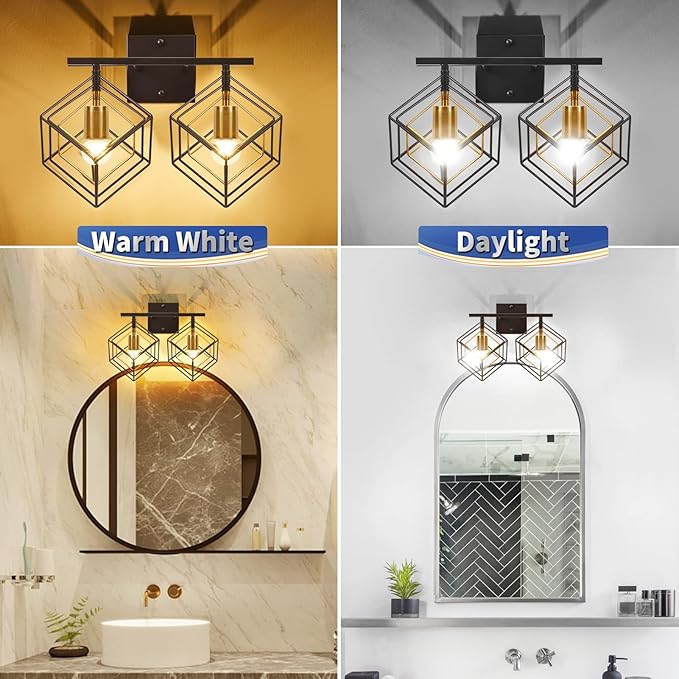 Bathroom Vanity Light with 2 Bulbs Bathroom Light Fixtures Over Mirror with 2 Rotatable Cube Shades Modern Wall Mounted Matte Black