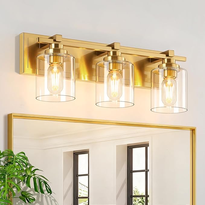 3 Light Modern Bathroom Light Fixtures Over Mirror, Brass Finish Vanity Lights for Bathroom Wall Sconces with Clear Glass Shades, E26 Socket (Bulbs Not Included)