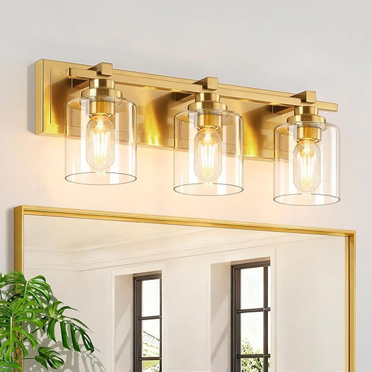3 Light Modern Bathroom Light Fixtures Over Mirror, Brass Finish Vanity Lights for Bathroom Wall Sconces with Clear Glass Shades, E26 Socket (Bulbs Not Included)