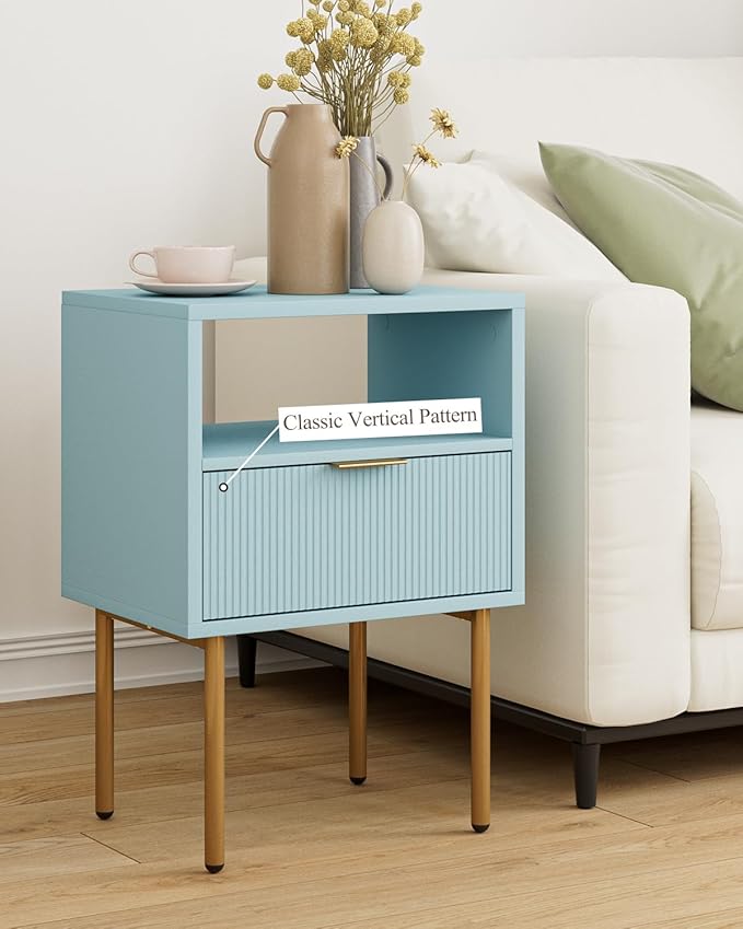 Masupu Night Stand,Mid-Century Modern Bedside Table with Storage Drawer and Open Wood Shelf,Small Gold Frame Side Table for Bedroom,Living Room, Blue