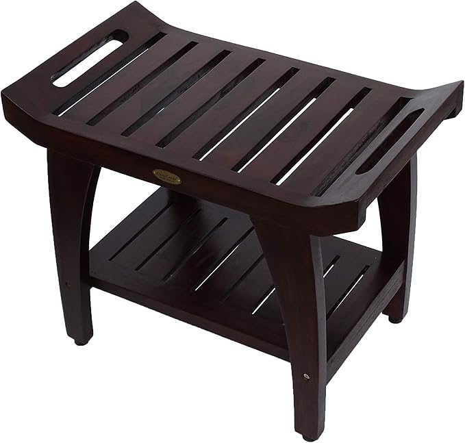 DecoTeak Tranquility 24 Inch Brown Waterproof Teak Wood Shower Bench Stool Seat Chair for Inside Shower Provides Safety, Storage, and Organization for Bathroom Accessories