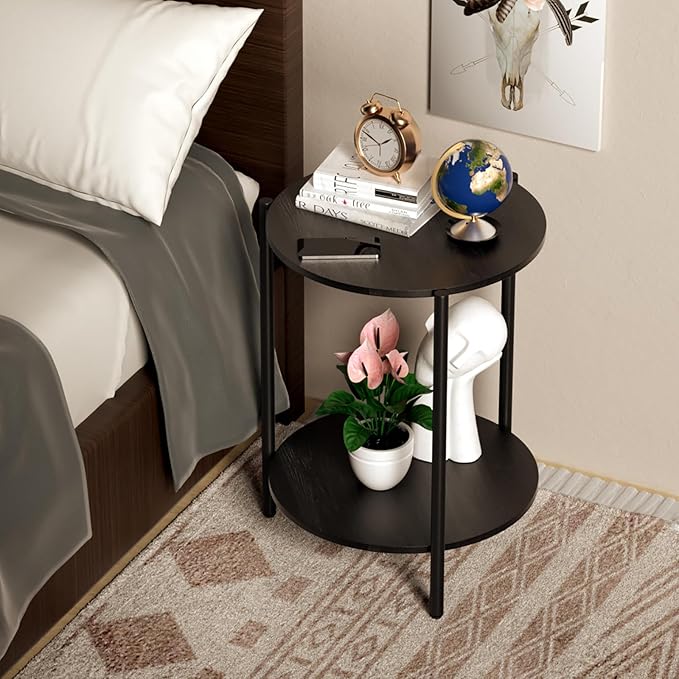 Round Side Table, 2-Tier Circle End Tables with Storage Wood Rustic Small End Tables Farmhouse Side Table for Living Room Bedroom Balcony Small Spaces