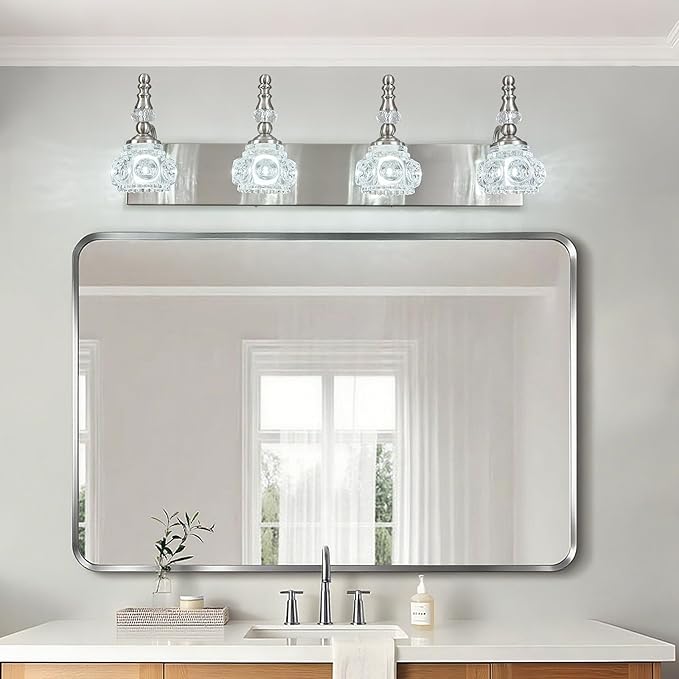 Modern Glass Crystal Vanity Light - Vintage Bathroom Lighting Fixtures Over Mirror, 4 Light Vanity Lights G9 Bulb (27.55 Inch, Nickel)