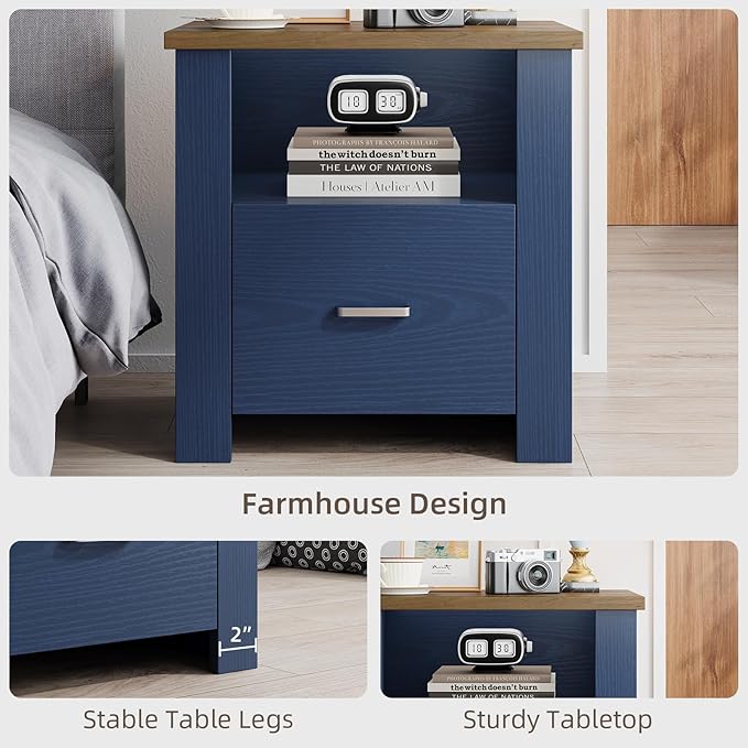 4ever2buy Farmhouse Nightstand with Storage Drawer, Bedside Table with Metal Handle&Open Wood Shelf, Rustic End Table for Bedroom, Living Room, Blue
