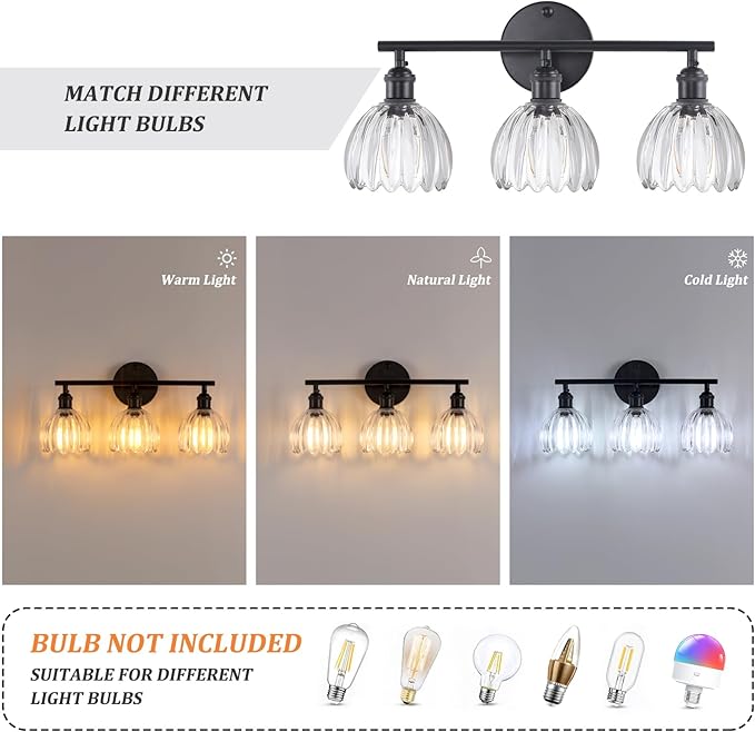 Bathroom Light Fixtures, 3-Light Black Vanity Wall Light Over Mirror with Clear Tulip Glass Shade for Bedroom Living Room (Bulb Not Included)
