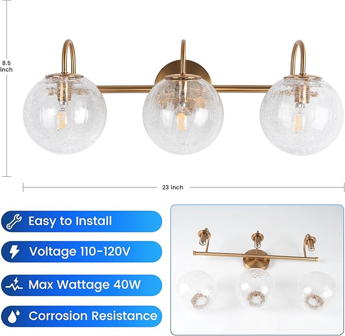 Gold Bathroom Light Fixture, Vanity Lights Over Mirror 3 Light Bathroom Vanity Light with Cracked Glass Globe Shade, Modern Wall Sconce Lighting for Bedroom, Kitchen Living Room Hallway Cabinet