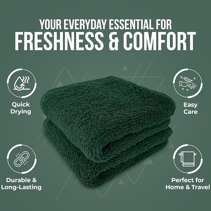 DAN RIVER 12 Pack Wash Cloths for Showering [12x12] - 100% Cotton Washcloths Premium Quality Flannel Face Cloths for Bathroom, Highly Absorbent and Soft Feel Wash Clothes, Hunter Green