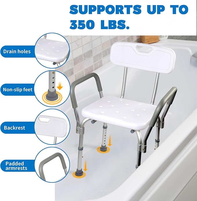Shower Chair with Back and Padded Arms, Adjustable Height Shower and Bath Bench, Heavy Duty Bath Stool with Nonslip Feet, Tub Chair for Elderly with 350 lb Capacity