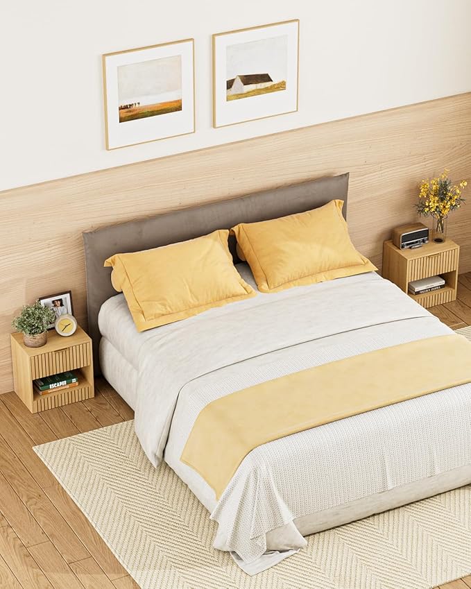 Small Nightstand, Modern Night Stand, Bedside Table with Drawer and Open Shelf, Cube Design, Small Side Table for Bedroom, Living Room, Oak