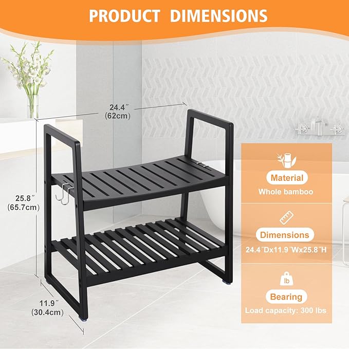 VVW 24.4 Inch Bamboo Shower Bench Seat Chair Stool with Arms for Inside Shower, Heavy Duty Spa Bath Chair with 2 Movable Hooks, Non-Slip Feet for Bathroom Accessories (Black L)