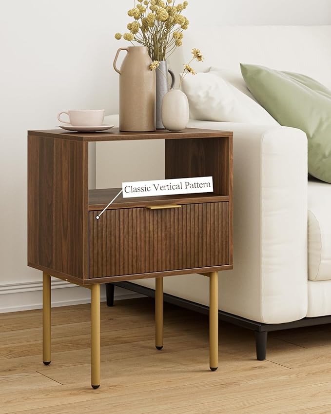 Masupu Night Stand,Mid-Century Modern Bedside Table with Storage Drawer and Open Wood Shelf,Small Gold Frame Side Table for Bedroom,Living Room, Walnut