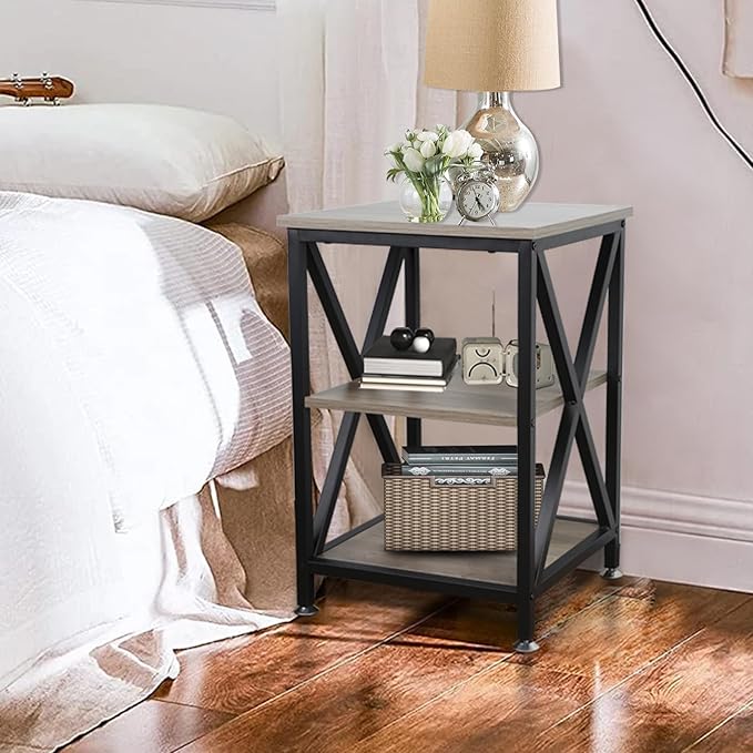 TooCust End Tables Living Room, 16" D x 16" W x 24" H, Indoor SideTables Living Room with Storage Shelf, Square End Table, X-Shaped Night Stands for Bedroom, Farmhouse Wood End Tables, Grey