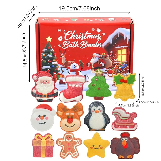 Christmas Bath Bombs for Kids & Women, Handmade Bath Bomb Gift Set of 12 Festive Shapes, Perfect Stocking Stuffers for Teen Girls & Boys, Skin Care Bathbombs as Christmas Gifts for Kids