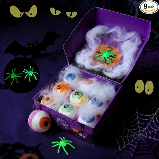 Halloween Bath Bombs for Kids Gifts: 9 Pcs Eyeball Bath Bomb with Toys Inside Surprise Spider Light up Bath Toy Spooky Basket Stuffers for Kid Boys Girls Ages 3+ Bubble Fall Shower Steamers Bathroom