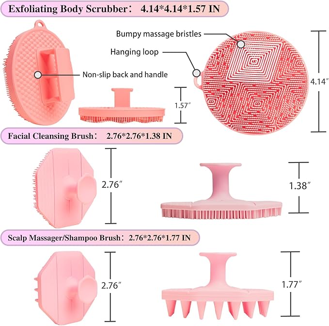 3 Soft Silicone Skin Scrubbers - Body Scrubber Exfoliating Brush Bath Shower Tool, with Gentle Manual Face Cleansing Wash Scrubber, with Hair Scalp Massager Shampoo Brush (Pink)