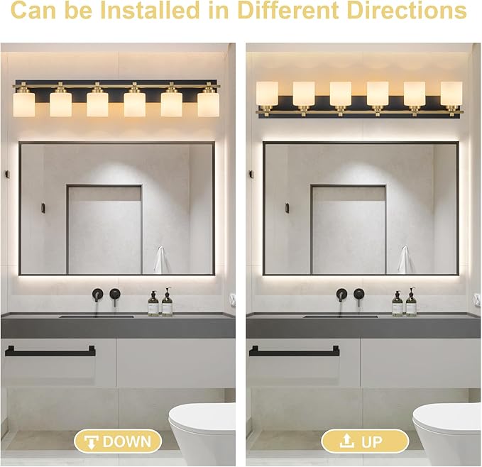 6 Light Modern Bathroom Light Fixtures Over Mirror, Black Gold Vanity Lights for Bathroom Wall Sconces with Milky White Glass Shades, E26 Socket (Bulbs Not Included)