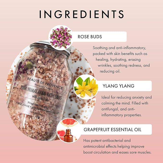 Beaute DE Provence Pink Himalayan Bath Salt with Rose Petals - 100% Natural Aromatherapy & Relaxation - Ylang Grapefruit Essential Oil Bath Salts for Women - Cruelty-Free, Revitalize & Soothes Skin