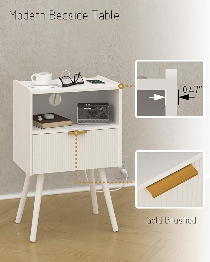 White Nightstand with Outlet,Modern Bedside Table with Storage Drawer and Open Wood Shelf, for Living Room, Bedroom and Small Spaces, Accent Night Stand with Solid Wood Legs, Easy Assembly