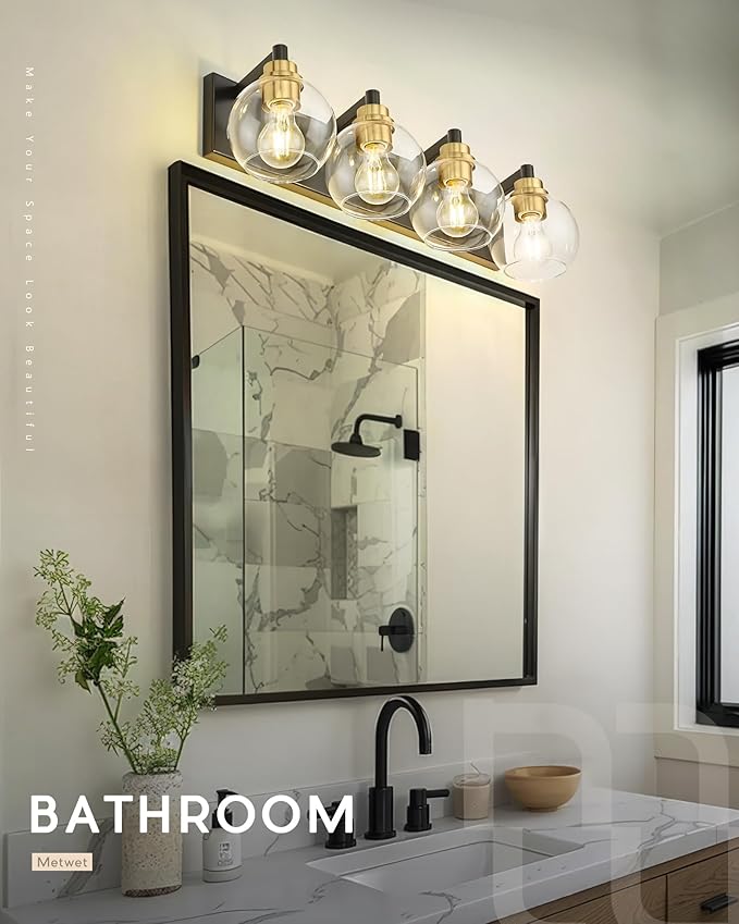 Bathroom Light Fixtures, 4-Light Black and Gold Bathroom Vanity Light, 26 Inch Modern Wall Sconces with Globe Clear Glass Shade, Vanity Lighting Fixtures Over Mirror, VL195-KG-4