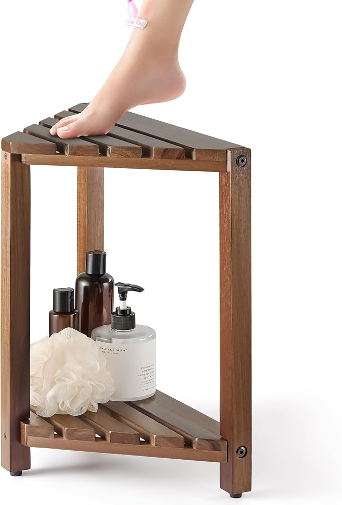 BLUEWEST Corner Shower Stool, Wooden Corner Shower Bench for Shaving Legs Inside Shower (Walnut, 2 Tier)