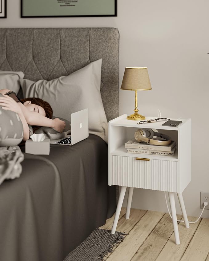 White Nightstand with Outlet,Modern Bedside Table with Storage Drawer and Open Wood Shelf, for Living Room, Bedroom and Small Spaces, Accent Night Stand with Solid Wood Legs, Easy Assembly