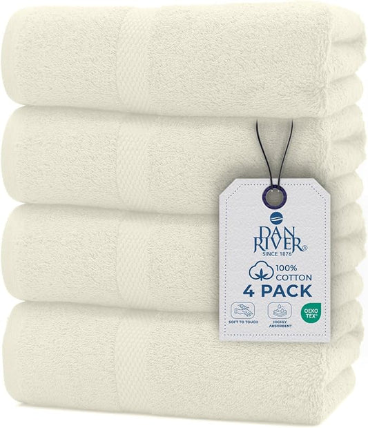 DAN RIVER Bath Towels Set of 4, 27 x 54 Inches, 100% Cotton, Larger & Lighter Weight, Quicker to Dry, Super Soft and Absorbent, Ideal Quick Dry Bath Towels for Daily Use, Ivory