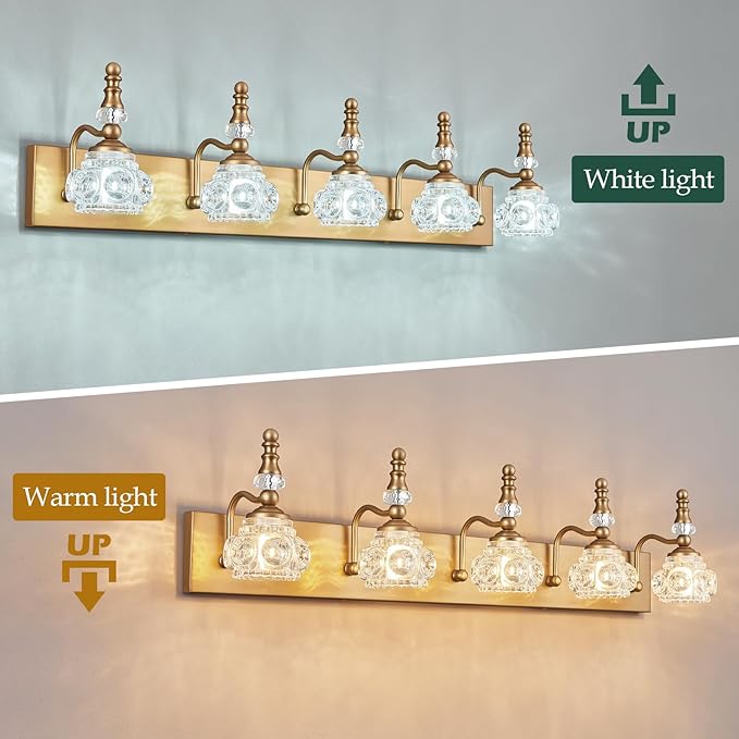 Modern Glass Crystal Vanity Light - Vintage Bathroom Lighting Fixtures Over Mirror, 5 Light Vanity Lights G9 Bulb (35.43 Inch,Brass)