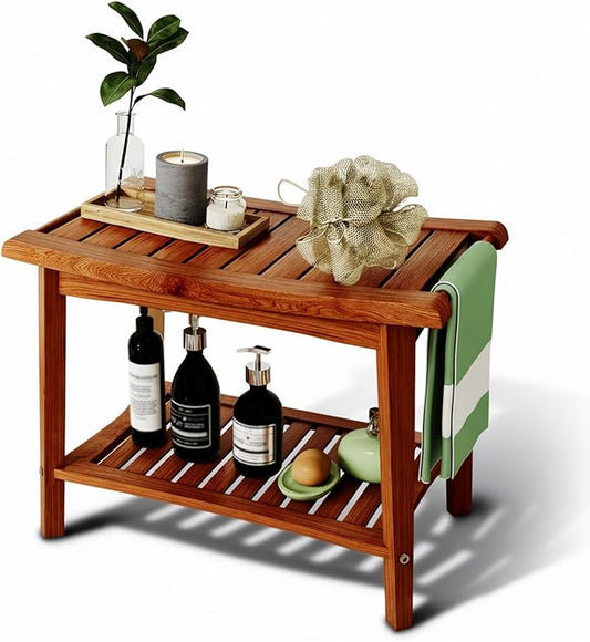 Bamboo Shower Bench with Storage Shelf, Waterproof Bath Stool for Bathroom, Spa Chair for Sitting, Shaving Legs, Elderly & Senior Safe, Heavy-Duty Bath Bench Chair, 23", 300 lbs Capacity (Brown)