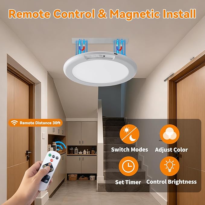 Rechargeable Ceiling Light 2Pack, 3 Color Motion Sensor Lights with Remote, Wireless Closet Light Battery Operated, Magnetic Dimmable LED Lights for Shower Pantry Shed Hallway Porch Garage Stairs