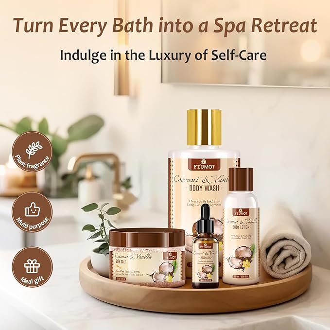 Bath and Body Gift Basket Set for Women - Coconut Vanilla Spa Gift Basket - Premium 21‑Piece Luxury Bath & Body Gift Set for Self Care - Gift ready for Mothers Day, Christmas, Birthday Gifts