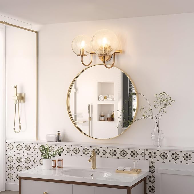 2-Light Bathroom Light Fixtures, Gold Bathroom Lights Over Mirror with Cracked Glass Globe Shade, Modern Vanity Lights for Bathroom Bedroom Living Room Hallway E12 Base(Bulbs Not Included)
