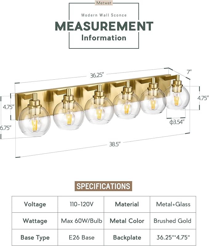 Bathroom Light Fixtures, 6 Light Brushed Gold Vanity Light, 38 Inch Modern Wall Sconces with Globe Clear Glass Shade, Vanity Lighting Fixtures Over Mirror, VL195-BG-6