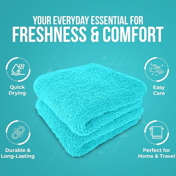 DAN RIVER 24 Pack Wash Cloths for Showering [12x12] - 100% Cotton Washcloths Premium Quality Flannel Face Cloths for Bathroom, Highly Absorbent and Soft Feel Wash Clothes, Aqua