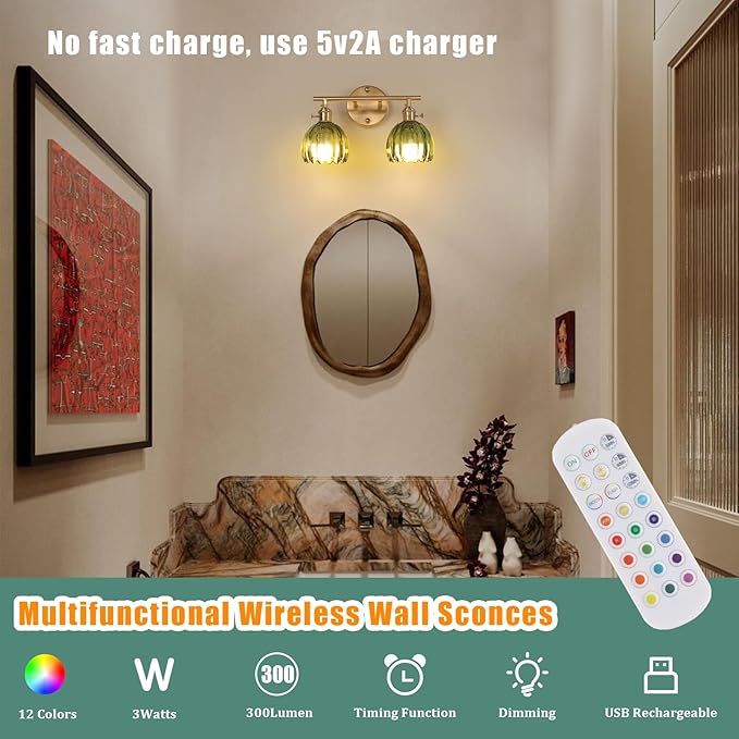 Battery Operated Bathroom Light Fixtures, 2-Light Brass Vanity Wall Light with 5000mAh Rechargeable Bulb Over Mirror with Green Tulip Glass Shade for Bedroom Living Room