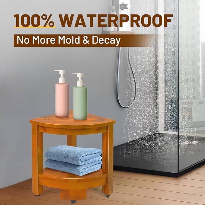 16.5" Teak Corner Shower Bench with Storage Shelf for Shaving Legs, Teak Shower Stool for Inside Shower, Waterproof Shower Foot Rest, Shower Seat for Bathroom, Indoor & Outdoor Use