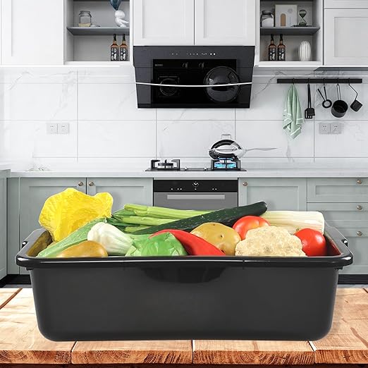 23 Liter Commercial Bus Trays, Black Plastic Bus Tubs Tote Boxes Set of 4