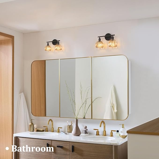 Bathroom Light Fixtures, 2-Light Black Vanity Wall Light Over Mirror with Amber Tulip Glass Shade for Bedroom Living Room (Bulb Not Included)