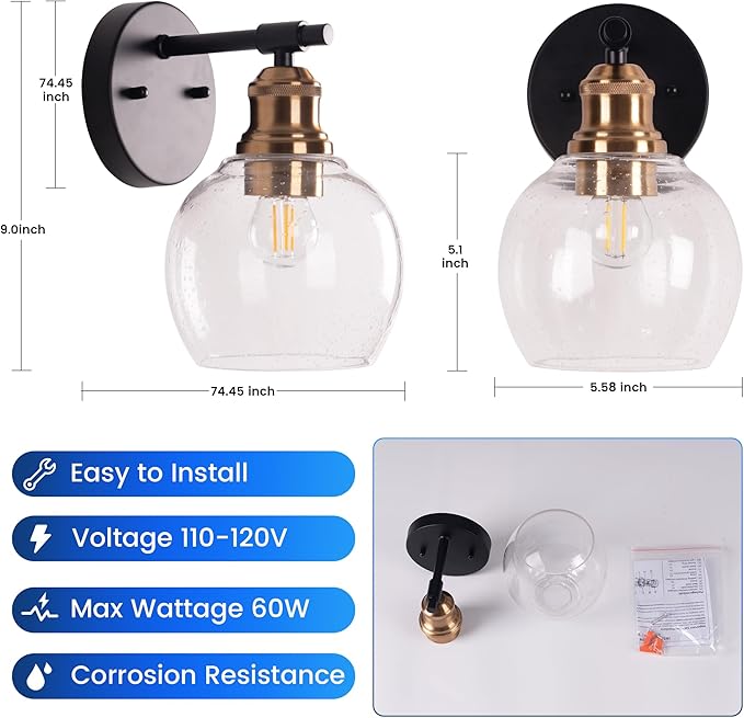 1-Light Bathroom Wall Sconce, Matte Black and Gold Vanity Light, Modern Wall Light Fixture with Seeded Glass Shade and E26 Bulb Base, Wall Lamp Wall Mount Light Fixtures for Mirror, Bedroom, Hallway