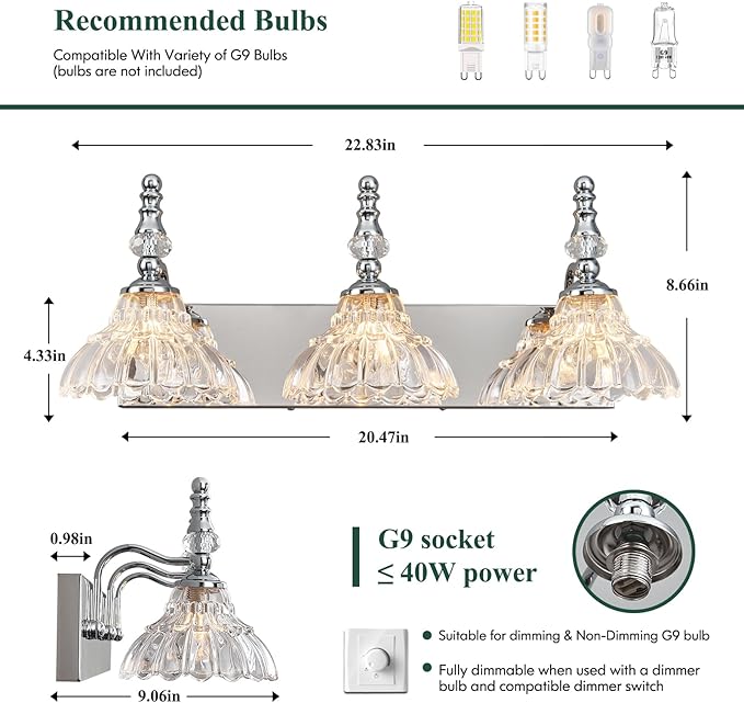 Vintage Bathroom Vanity Light, 3-Light Chrome Vanity Lighting Fixture with Flower Glass Shade, Bathroom Lighting Fixtures Over Mirror