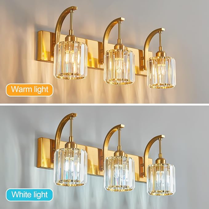 3-Light Crystal Vanity Light, Modern Gold Bathroom Wall Sconce with K9 Crystal Shades, 23.62" Long Over Mirror Lighting for Vanity, Makeup, Hallway, Elegant & Durable