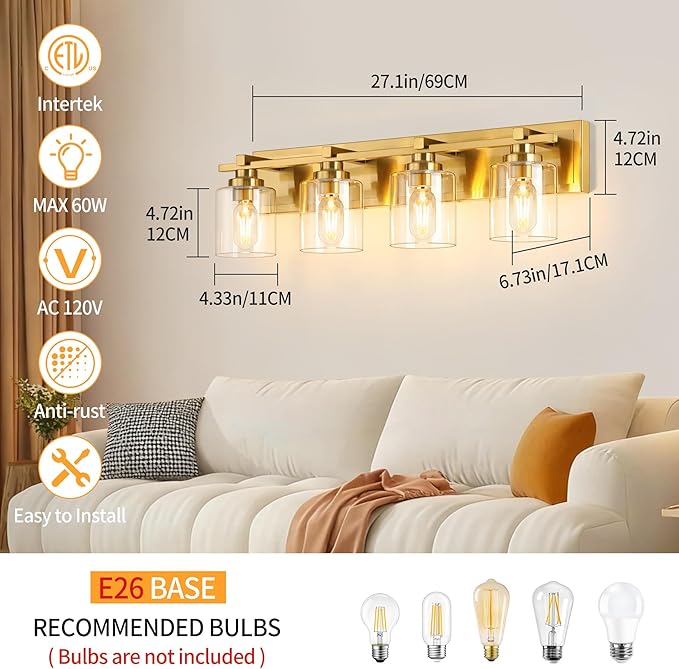 4 Light Modern Bathroom Light Fixtures Over Mirror, Brass Finish Vanity Lights for Bathroom Wall Sconces with Clear Glass Shades, E26 Socket (Bulbs Not Included)